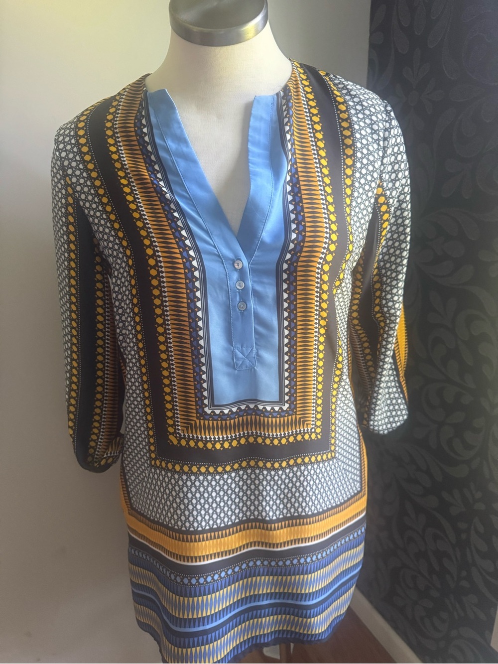 Zara Basic Blue and Yellow Patterned Women's Tunic dress with pockets.